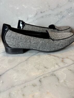 Clarks Grey Tweed Loafers with Black Patent Trim